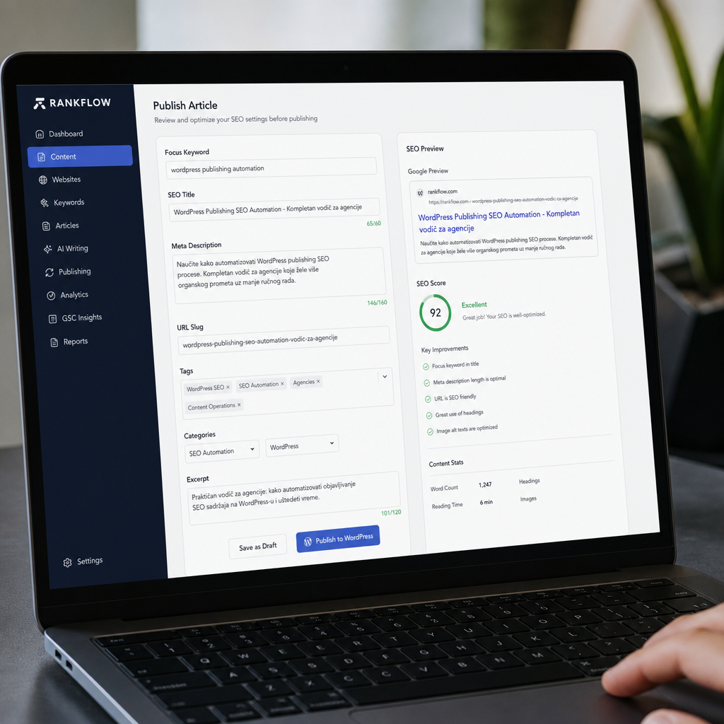 Screenshot dashboard-a koji prikazuje automatski popunjena SEO polja pre publikacije