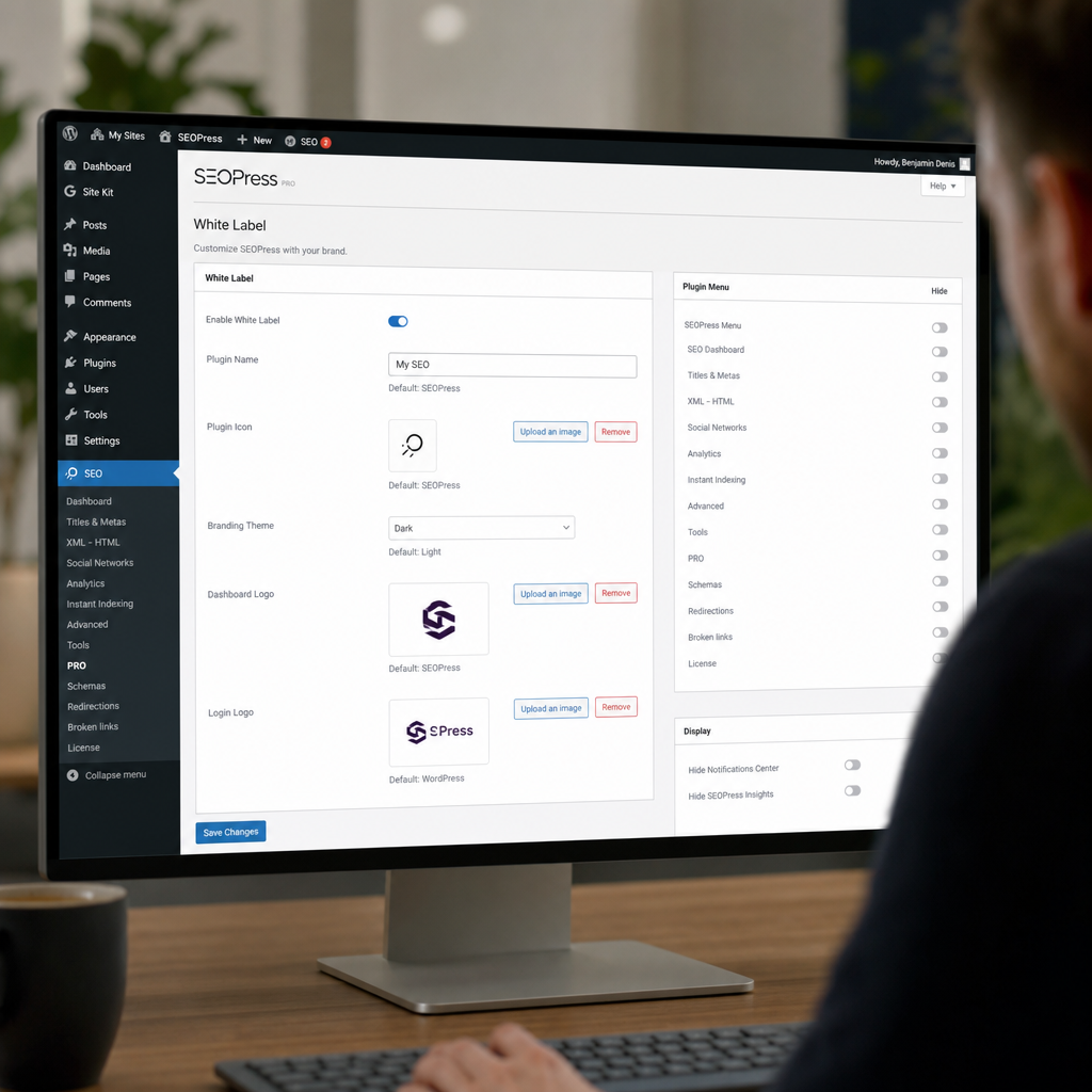SEOPress plugin interfejs sa prikazom white label opcija i dashboard podešavanja