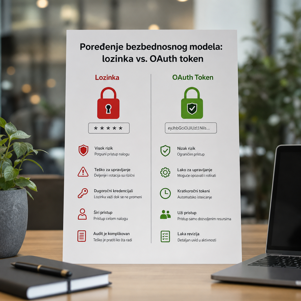 Poređenje bezbednosnog modela: lozinka vs. OAuth token, infografik sa ikonama katanca