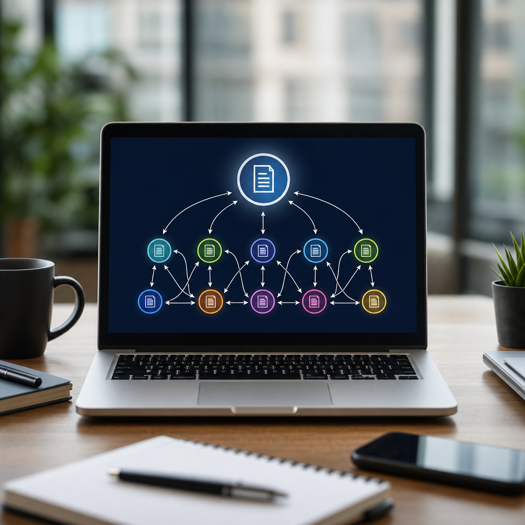 Dijagram toka link juice-a unutar pillar-cluster strukture, alt: raspodela link juice pillar cluster SEO model