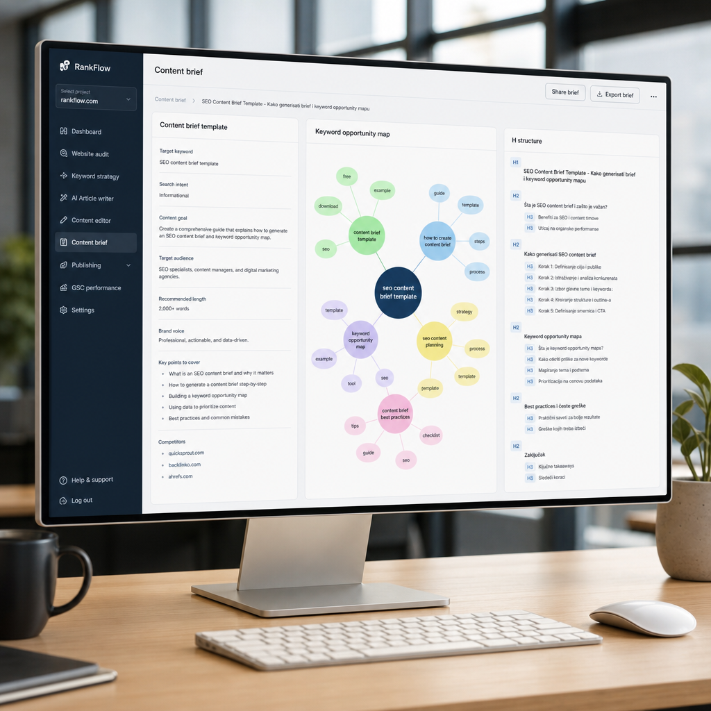 Vizualni prikaz SEO content brief template sa keyword opportunity mapom i H strukturom, desktop prikaz
