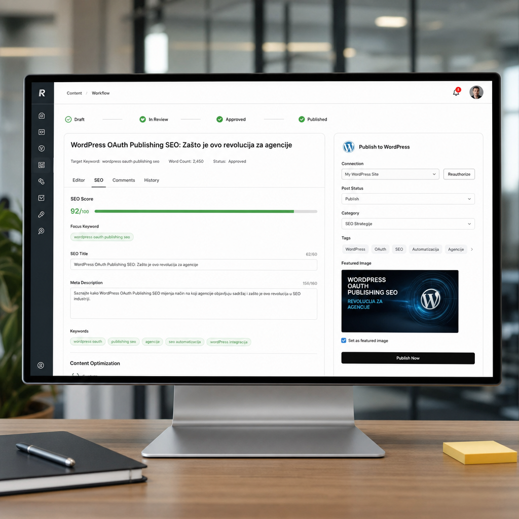 Screenshot workflow dijagrama: draft u platformi, odobrenje, automatski publish na WordPress sa popunjenim SEO poljima