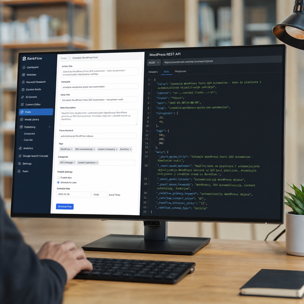 Dijagram WordPress REST API poziva sa RankFlow platforme, sa označenim SEO metapodacima koji se prenose pri zakazivanju