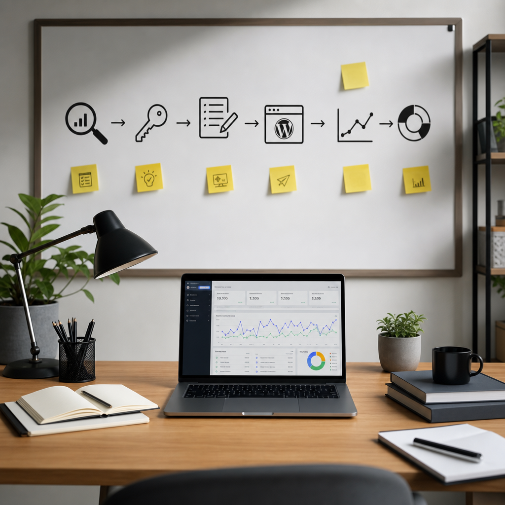 Infografika koja prikazuje tok SEO content operations od audita do objave i analize performansi