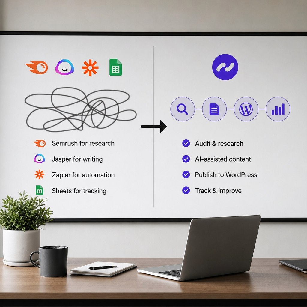Dijagram koji poredi nepovezane alate (Semrush, Jasper, Zapier, Sheets) nasuprot integrisanoj SEO content operations platformi