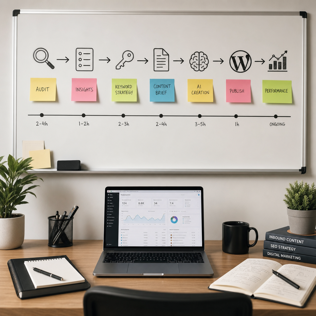 Vizuelni prikaz content operations workflow-a od audita do objave, sa fazama i vremenskim linijama