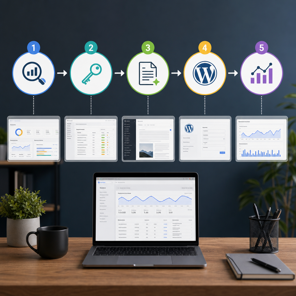 Infografik koji prikazuje pet koraka automatizovanog SEO workflow-a od audita do analize performansi