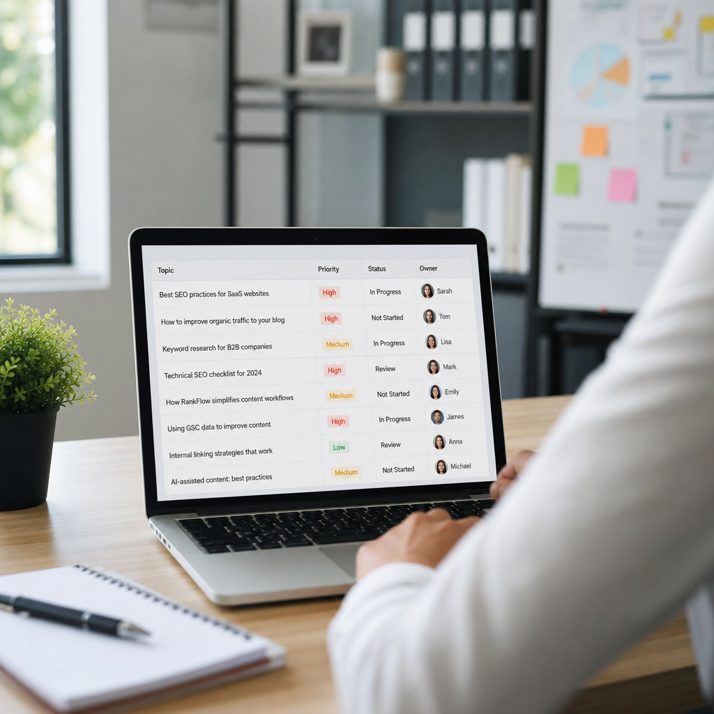Primer tabele content backlog-a sa kolonama za temu, prioritet, status i odgovornu osobu