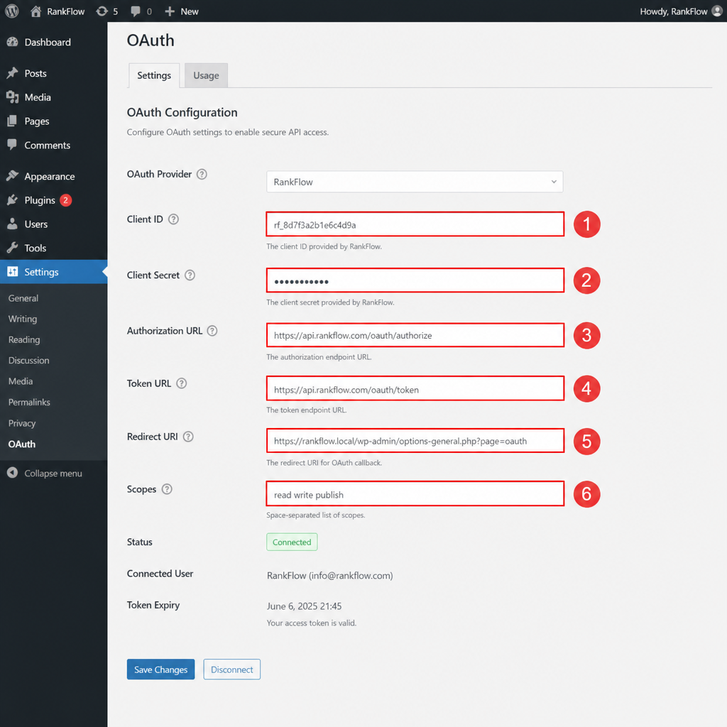 Screenshot WordPress OAuth plugin konfiguracionog ekrana sa označenim ključnim poljima