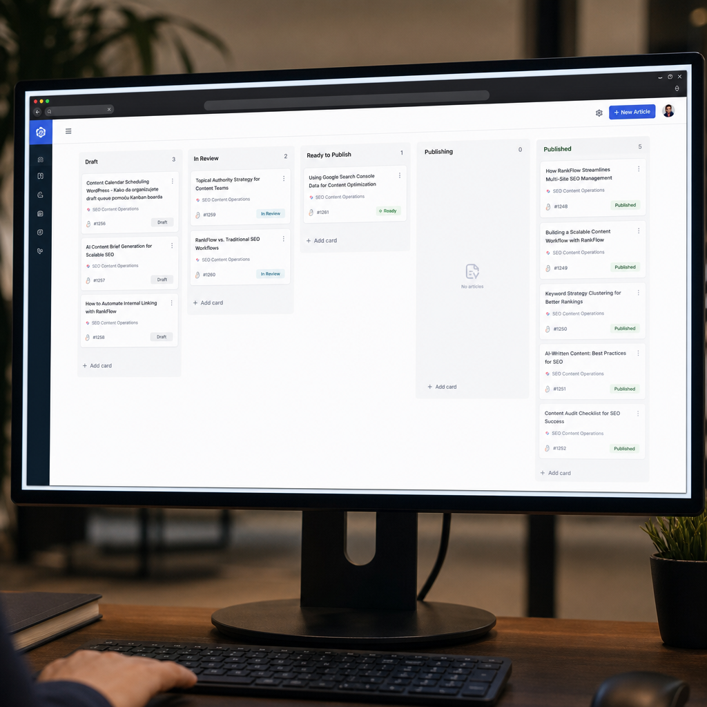 Pregled Kanban boarda sa kolonama za WordPress publishing workflow, kartice sa statusima drafta