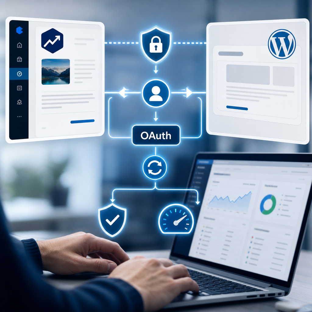 Vizualni dijagram OAuth toka podataka između content platforme i WordPress sajta, sa ikonama za sigurnost i brzinu
