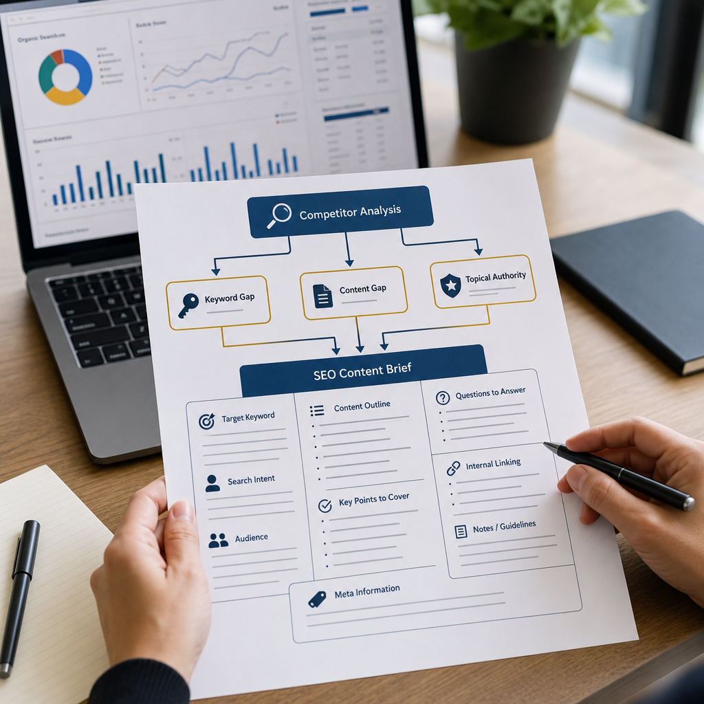 Vizuelni prikaz toka od competitor analize do popunjenog SEO brifa, sa strelicama koje povezuju keyword gap, content gap i topical authority sa sekcijama brifa