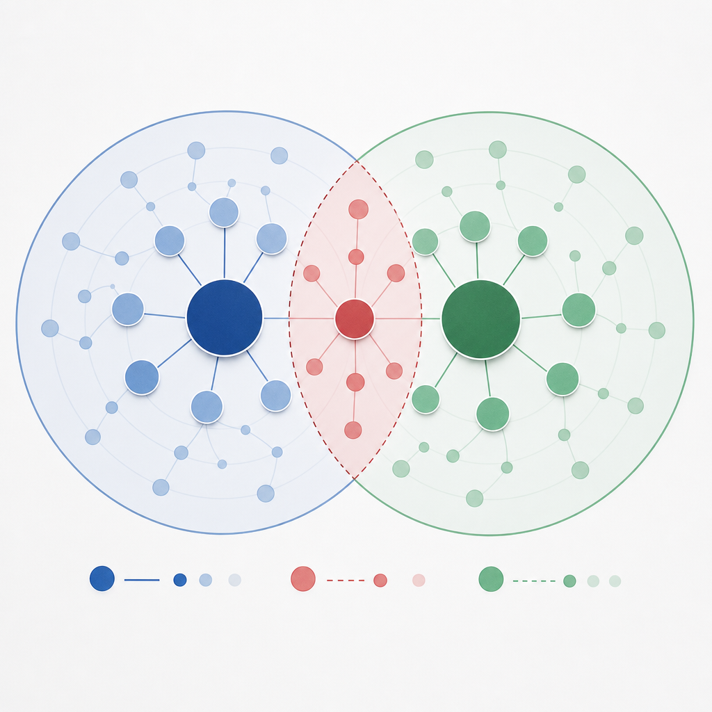 Dijagram poređenja tematskih mapa dva konkurentska sajta sa označenim gap zonama, alt: topical gap analiza poređenje konkurenata SEO audit