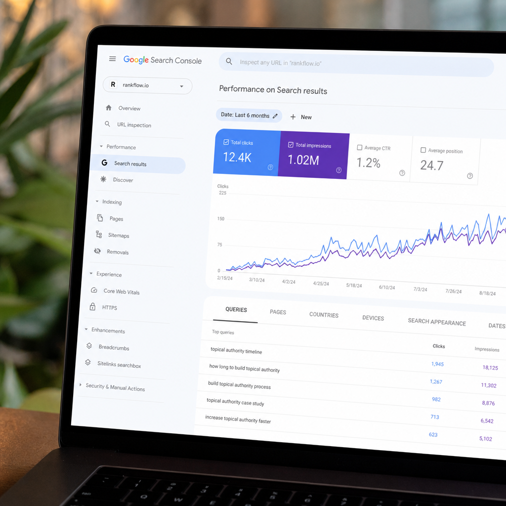 Screenshot primer Google Search Console prikaza koji pokazuje rast impressions za tematski povezane upite tokom šestomesečnog perioda
