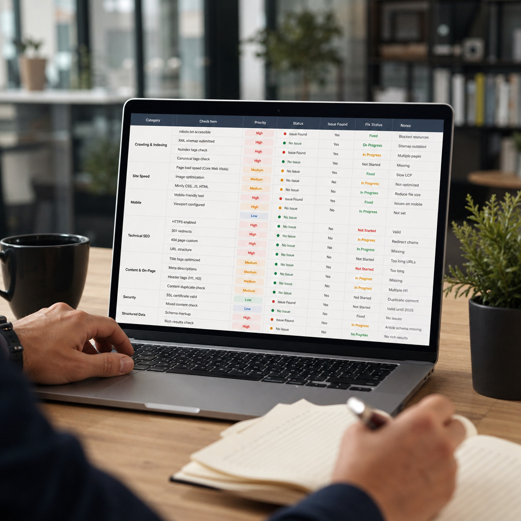tehnička seo optimizacija audit checklist tabela sa prioritetima i statusom ispravki