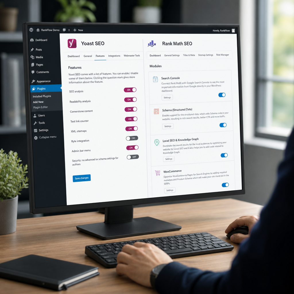 poređenje wordpress seo plugin opcija Yoast i RankMath na WordPress dashboard ekranu