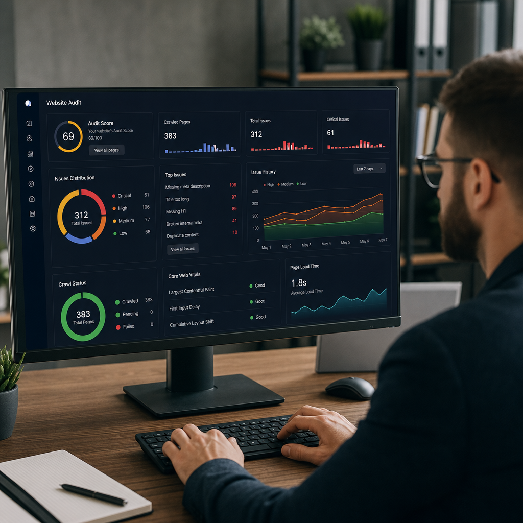 SEO optimizacija WordPress audita prikazan kroz dashboard sa greškama i upozorenjima
