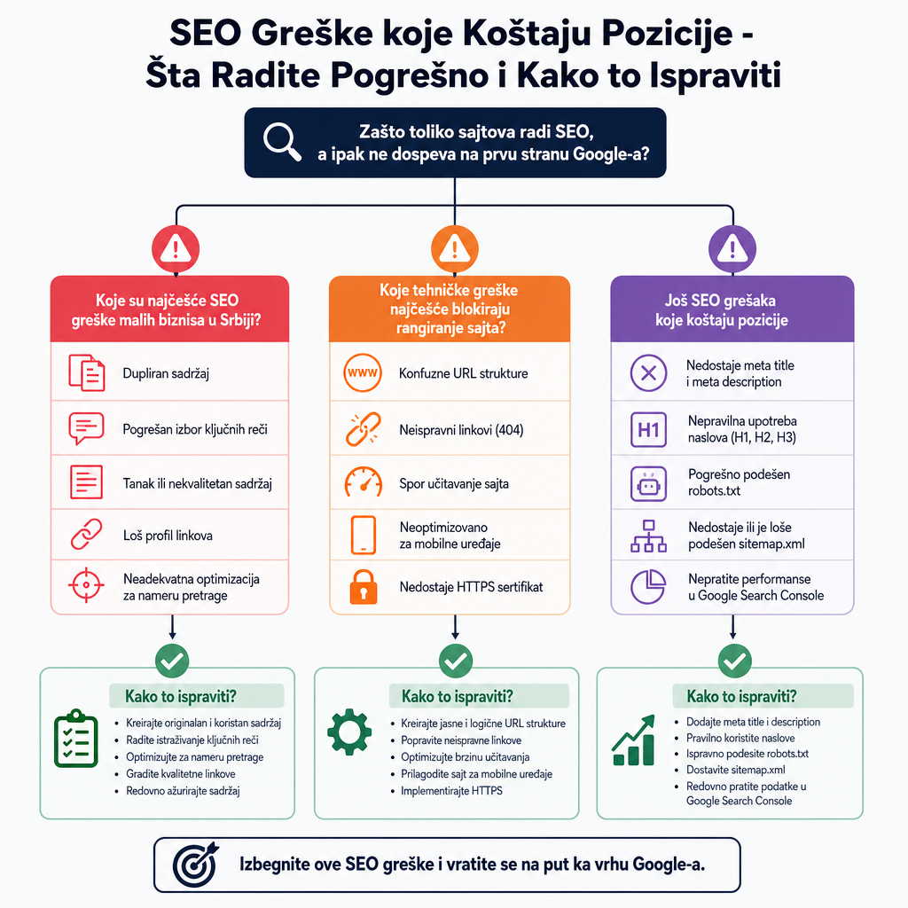 dijagram koji prikazuje seo greške koje treba izbeći poput dupliranog sadržaja i konfuznih URL struktura