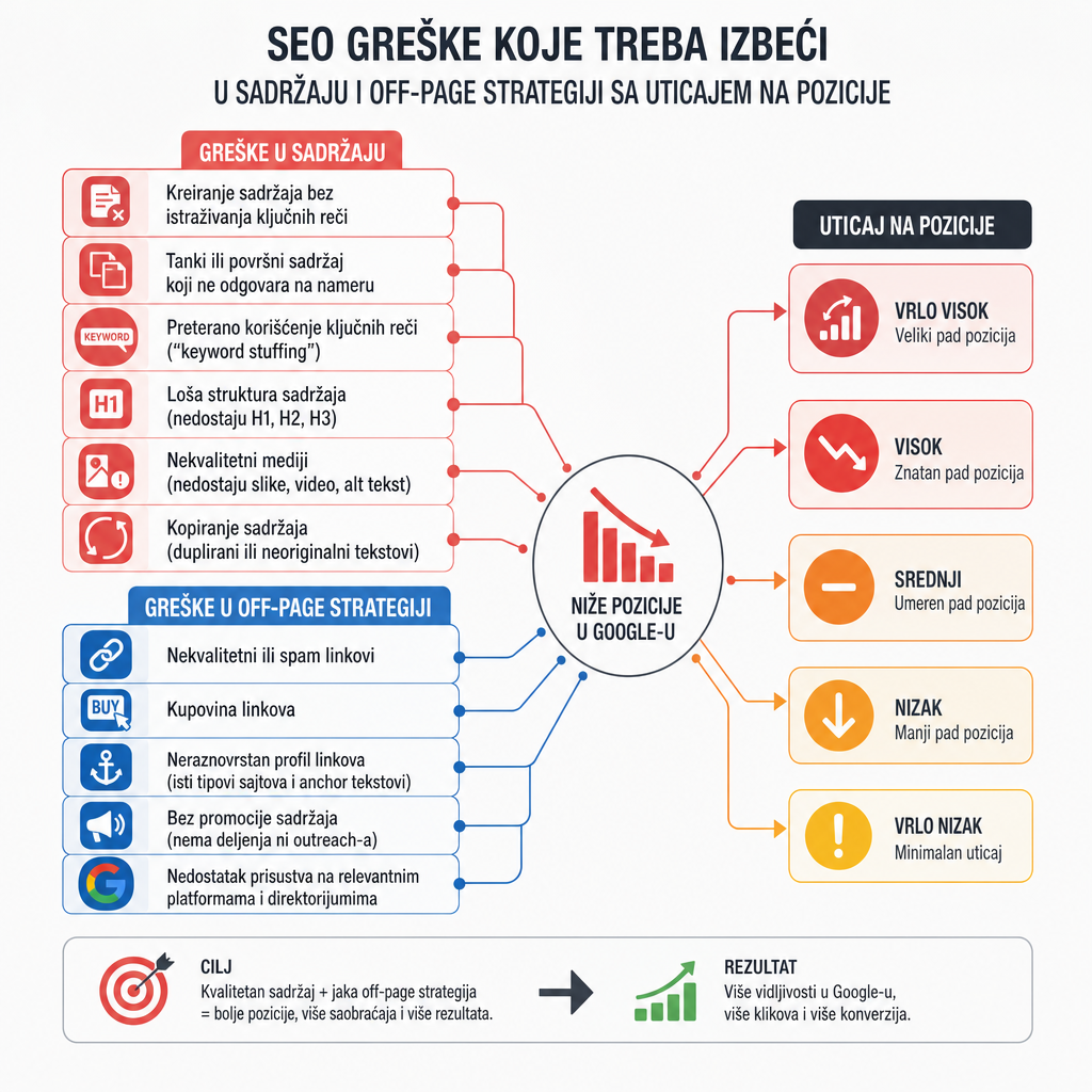 grafikon koji prikazuje seo greške koje treba izbeći u sadržaju i off-page strategiji sa uticajem na pozicije